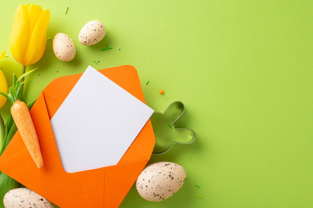 Get set for Easter. Top view of eggs, pastry cutter, bunny snack carrot, sprinkles and tulips neatly...