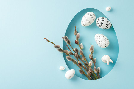 Playful Easter imagination scene: top-view photo featuring adorable hare ears peeking through...