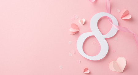 Women's Day celebration. View from top capturing numeral 8, curly ribbon, confetti and heart figures...
