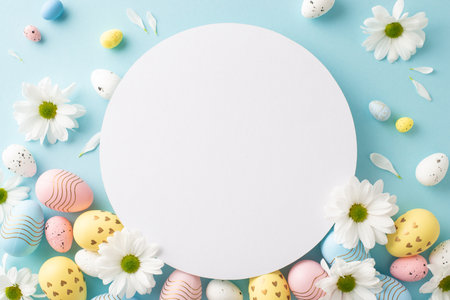 Easter mood setup: Flat-lay top view photograph of vibrant eggs, and spring daisies on a gentle blue...