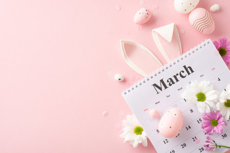 Glamorous Easter arrangement idea: shot from top view of colorful eggs, bunny ears, peeking out from March calendar, daisies, confetti on light pink surface, offering area for personalized textの写真素材