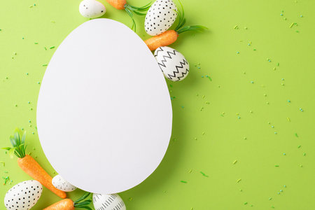 Easter depicted delighted: top view of colored eggs, bunny-approved snacks, and sprinkles on a light...