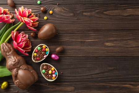 Festive Easter scene: Top view of shattered chocolate shells revealing bright sweets, alongside a...