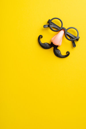 Get into the April Fool's spirit: Vertical top view of comical eyewear with a faux mustache and nose, showcased on a bright yellow canvas, with space for your personalized text or adの写真素材