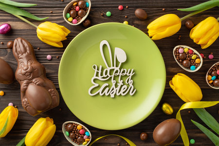 Easter sweet table scene: Top view photo of a Happy Easter inscription in a plate, alongside split...
