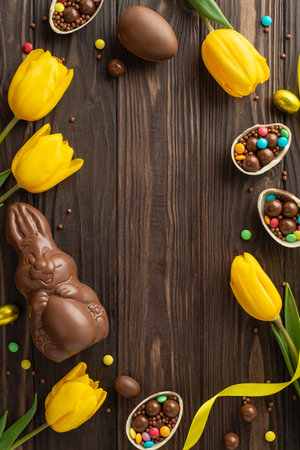 Easter delight concept: Overhead vertical shot of broken chocolate eggs revealing vibrant sweets, a chocolate rabbit, and fresh tulips on a wood surface, with space for textの写真素材