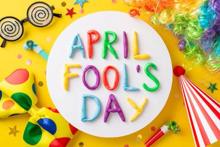Photo from top view showing "April Fool's Day" in clay letters, arranged in round frame, comic glasses, jester's hat, colorful tie, blowers and more, all arranged on a vivid yellow backdropの写真素材