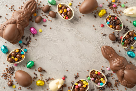 Elegant Easter sweets concept. Top view shot of opened chocolate eggs filled with rainbow-colored...