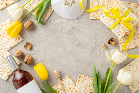Sophisticated Passover theme arrangement from a top view, with matzah wrapped in ribbon, red wine,...
