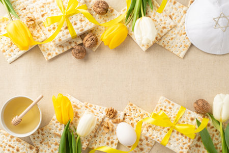 Festive Seder idea: Top view snapshot with ribbon-adorned matzah, walnuts, egg, honey with serving...