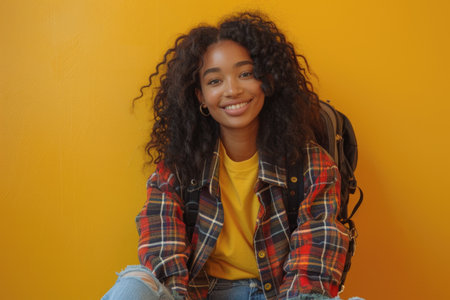 Modern teenage fashion inspiration with a beautiful African American girl sporting a casual checkered shirt, her radiant smile and lush curly hair, isolated on a bright yellow background. Generated AIの素材