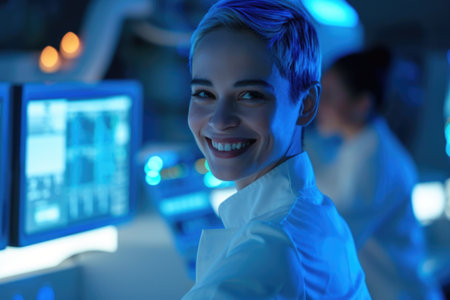 A delighted blonde research assistant, clad in a medical gown, revels in her discovery at a clinic lab computer, embodying triumph in scientific exploration. Generated A.I.の素材
