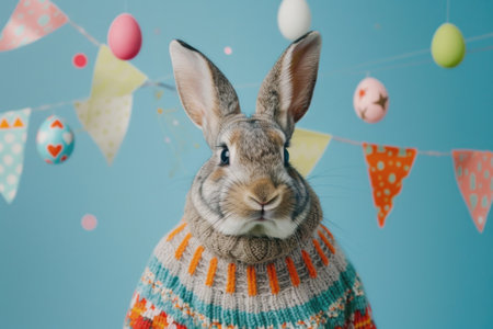 Greeting Easter fun concept. Snapshot of a rabbit in a cozy jumper, posing human-like, adorning colored eggs and flag garlands against a sky-blue backdrop. Generated A.I.の素材