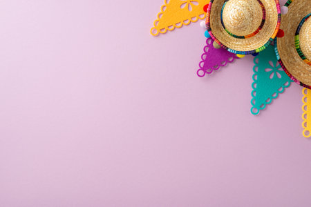 Cinco de Mayo essence. Top-down view capturing festive elements: sombreros, flag decor, arranged on...