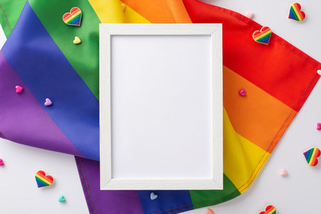 A top-down view of LGBT-themed accessories, including a photo frame, rainbow flag, pin badges, and heart ornaments, arranged on a white surface with a blank space for text or pictureの写真素材