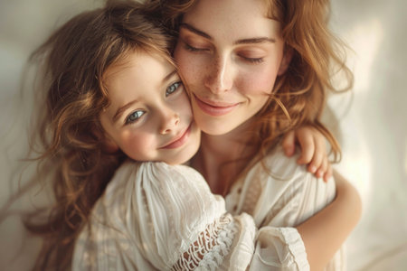 A heartfelt portrait capturing the loving embrace of a mother and her young daughter, sharing a tender moment in a serene setting. Generated AIの素材