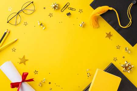 Capture the essence of graduation with top-view shot featuring graduation cap, diploma with bow, stationery, books, pencils, glasses, confetti, tinsel on yellow backdrop. Ideal for greetings or ads