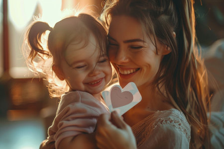 Image of a mom and daughter sharing a Mother's Day moment, with the girl snuggled against her mom, who's looking at a handcrafted postcard. Generated A.I.の素材