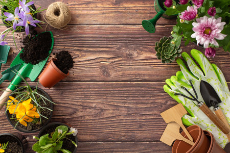 Embrace the essence of spring gardening. Top-view image showcases seedling flowers, gardening essentials, and wooden markers on a brown wood surface. Space allocated for text or advertising purposesの写真素材