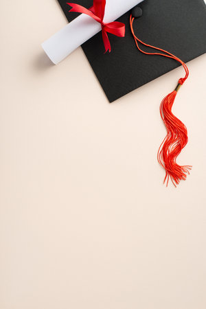 Celebrate success with a flat lay vertical top view composition showcasing mortarboard, and rolled diploma against a pastel background, offering space for your greeting text or marketing messageの写真素材