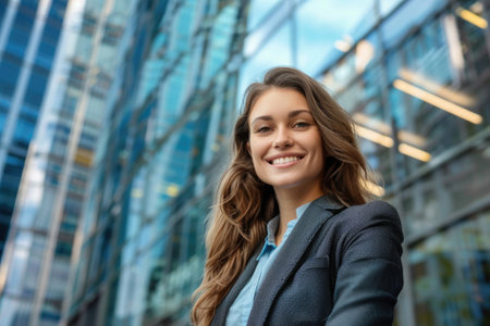Confident businesswoman smiling outdoors with modern office buildings background, conveying success and positivity. Generated AIの素材
