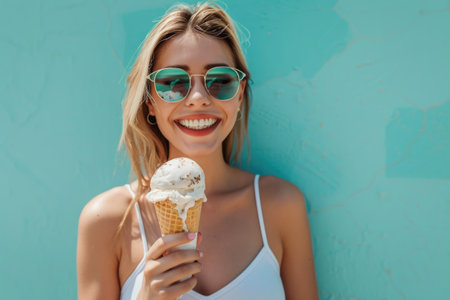Woman in summer vibe enjoying a cone of delicious melting ice cream against a turquoise wall. Generated A.I.の素材