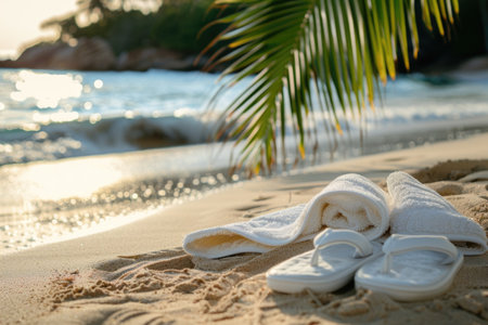 White flip-flops and towels on sandy beach with tropical palm leaves and shimmering sea background. Serenity, vacation concept. Generated A.I.の素材