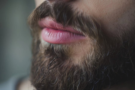 Extreme close-up shot showing detailed texture of a man's lips and beard. Intimate and masculine beauty concept. Generated AIの素材