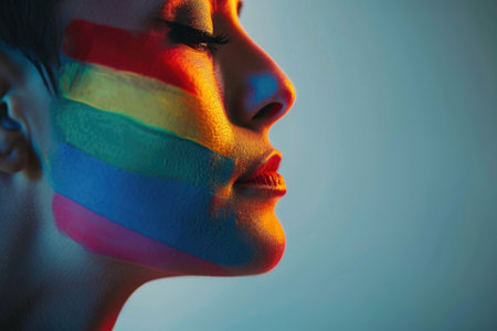 Artistic close-up of a female with her face painted in vibrant colors, illuminated under subtle lighting, showing an ethereal and creative expression. Generated A.I.の素材
