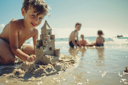 A young boy joyfully builds a detailed sandcastle on a bright beach day while others play in the shallow water behind him. Family, summer fun captured. Generated A.I.の素材
