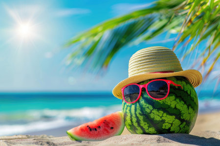 A whimsical setup on a beach featuring a watermelon with a straw hat and sunglasses against a backdrop of the ocean and bright sun. Summer vibes and vacation concept. Generated A.I.の素材