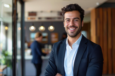 A professional portrait of a confident young man dressed in a business suit, smiling at the camera in a well-lit, modern office setting. Generative AIの素材