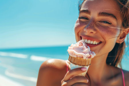 A cheerful young woman with freckles smiles widely, savoring a pink ice cream cone against a vibrant beach backdrop. Perfect summer vibe captured in this sunny moment. Generated A.I.の素材