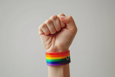 A close-up image showcasing a clenched fist adorned with a vibrant rainbow wristband, representing pride and support for the LGBTQ+ community. Generated A.I.の素材
