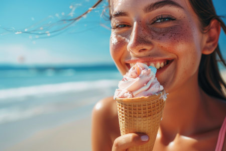 Portrait of a joyful young woman eating an ice cream cone on a beach, showcasing a moment of bliss with the ocean in the background. Generated A.I.の素材