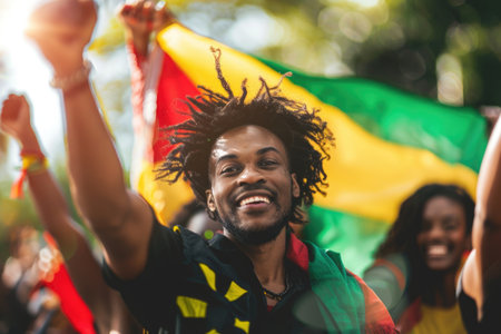 Energetic man at Juneteenth parade smiling broadly with friends, waving flags in a festive, colorful setting. Captures the spirit of freedom and unity. Generated A.I.の素材