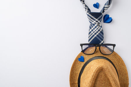 Father's Finesse: Overhead view of a straw hat, sleek necktie, glasses, and heart cutouts on white. Excellent for Father's Day wishes or adsの写真素材