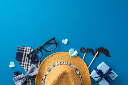 Creative flat lay of Father's Day gift items including a stylish straw hat, glasses, bow tie, and mustache props against a bold blue backgroundの写真素材