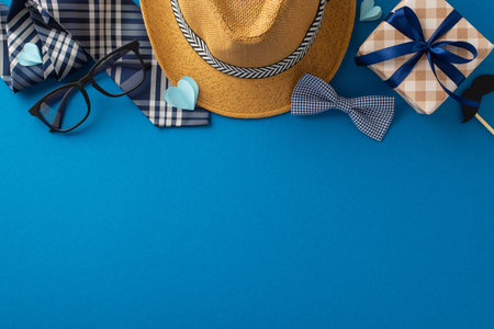 Stylish Father's day setup including a straw hat, glasses, gift box, and bow tie arranged on a vibrant blue backdrop expressing celebration and loveの写真素材