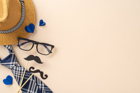 Celebration theme with straw hat, stylish necktie, glasses, mustaches props, and paper hearts on soft beige backdrop. Perfect for Father's Day wishes or promotions. Top view with space for custom textの写真素材