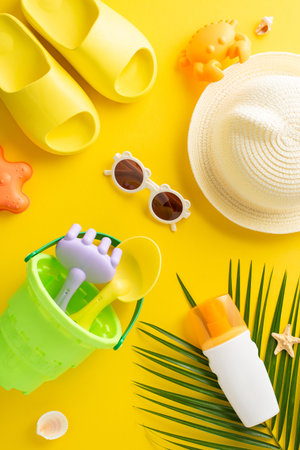 Beach fun for little ones. Vertical top view of sand play essentials, sea creature molds, SPF cream, straw hat, sunglasses, rubber slippers, shells, starfish, palm leaf on yellow backgroundの写真素材