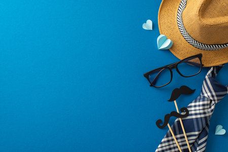 Fathers' Day congrats theme showcasing top view of straw hat, elegant necktie, glasses, mustache props, and paper hearts on blue backdrop. Ample space for heartfelt messages or advertising contentの写真素材