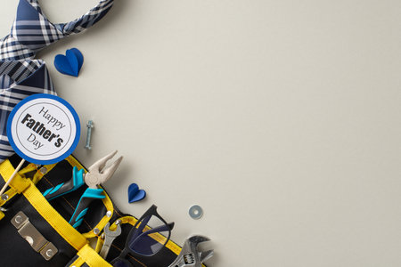 Perfect gifts for working dad on Father's Day concept. Top view of tools, wrench, nuts, screws, tool bag, pliers, stylish tie, glasses, note on stick, hearts on soft gray surface, space for messageの写真素材