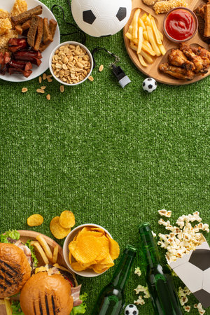 A variety of snacks arranged on a grass vertical textured background ideal for football game day. Features burgers, chips, and beer alongside a footballの写真素材