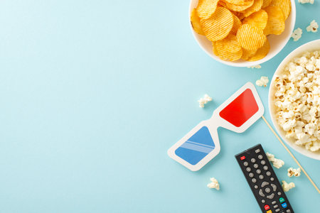 Create your own cinema magic: top view of popcorn, snacks, 3D glasses decor on stick, remote control. Movie-themed decoration on pastel blue background, setting scene for memorable movie night at homeの写真素材