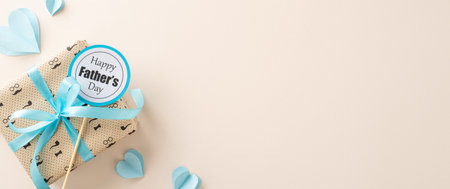 A beautifully wrapped Father's Day gift with a blue bow, surrounded by blue paper hearts on a soft...