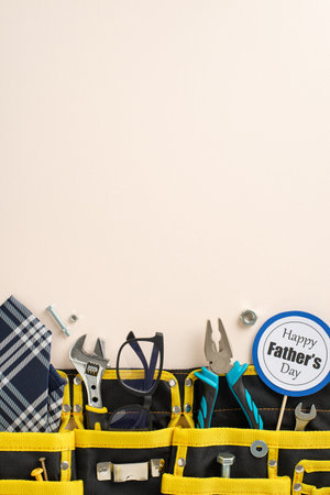 Give Dad the ultimate Father's Day surprise with our tool-packed gift set. Vertical top view complete with all essentials and touch of style, it's a tribute to his dedication on pastel beige backdropの写真素材