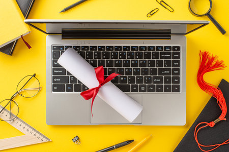 Yellow background shows a laptop with a rolled diploma tied with red ribbon, surrounded by educational accessoriesの写真素材