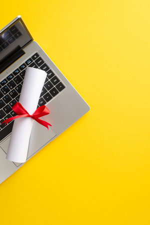 Digital education achievement scene. Vertical top view of laptop and rolled diploma on yellow background with area for text or promotionの写真素材