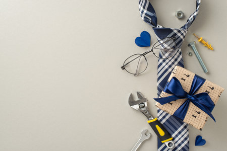 Make Father's Day memorable with our deluxe gift collection. Packed with handy tools and elegant accessories, it's a tribute to Dad's hard work. Top view on pastel gray background with space for adsの写真素材